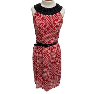 Eva Franco Braided Neck Houndstooth Belted Dress Women Size 4 Chiffon Twee